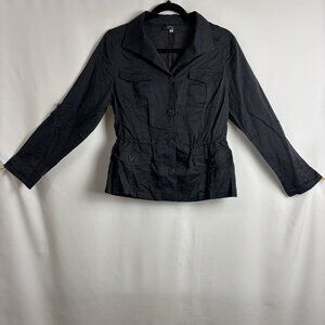 38 Med Navy Cotton Linen Thin Long Sleeve Button Collar Pocket Adjustable Jacket